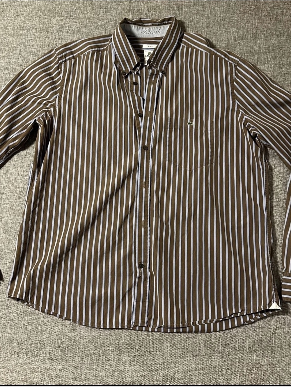 Lacoste Brown and White Vertical Stripe Button-Down Shirt